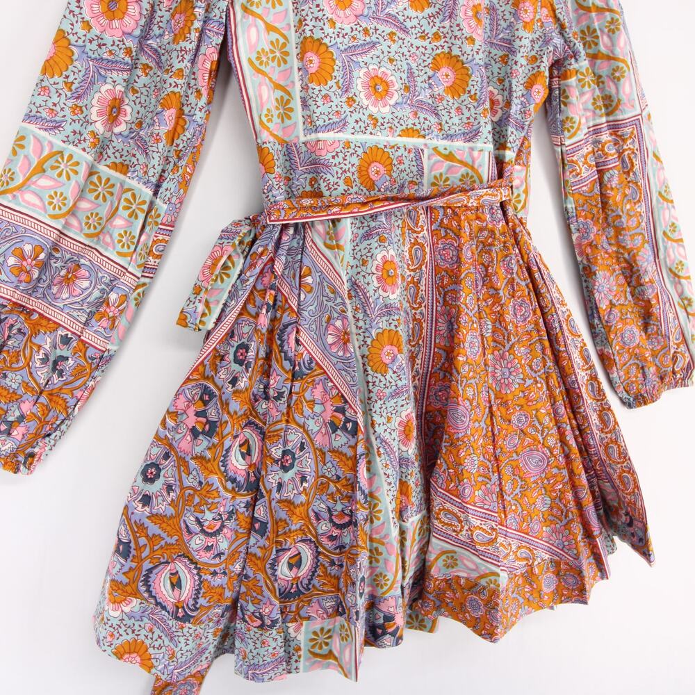 Mille Nan Wrap Dress Womens S Multicolor Floral Long Sleeve Cotton V Neck Mini - Picture 4 of 10